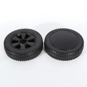 AOMUCH 7-inch grill wheel close-up shows durable plastic hub for Char-Broil grill movement.