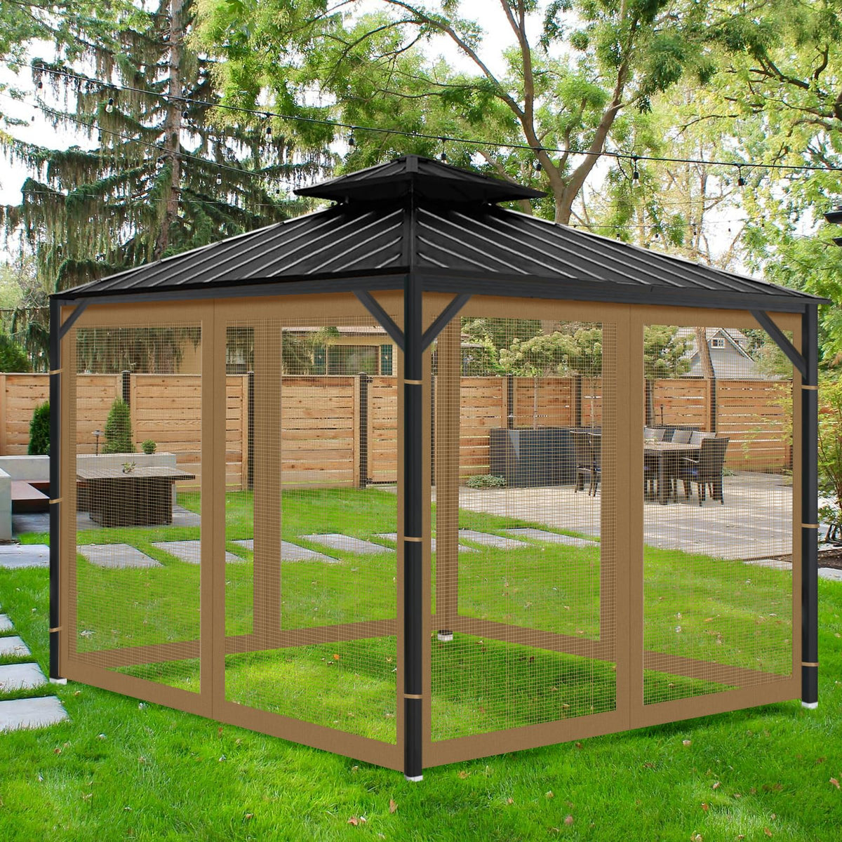 Aonear Gazebo setup in backyard demonstrates versatile outdoor dining and relaxation.