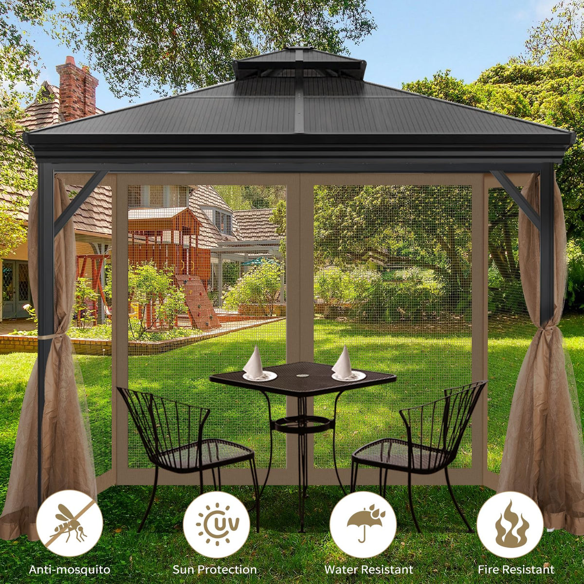 Aonear Gazebo mosquito netting four-panel sidewalls create a wide, insect-free enclosure.