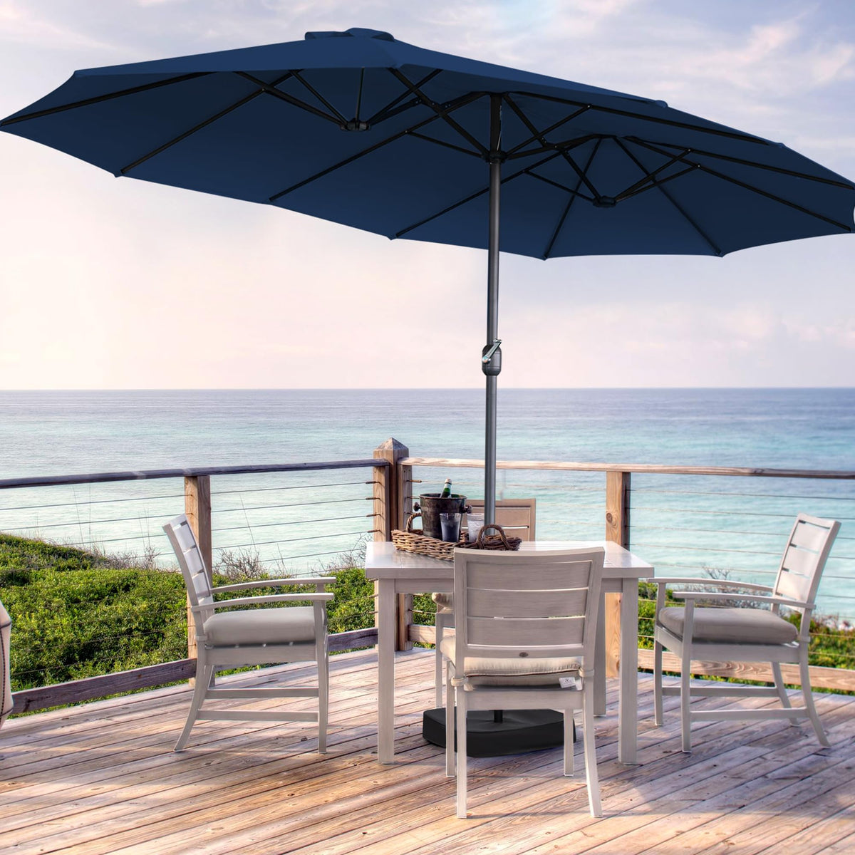 AONETOZ navy blue double-sided canopy provides broad patio shade.