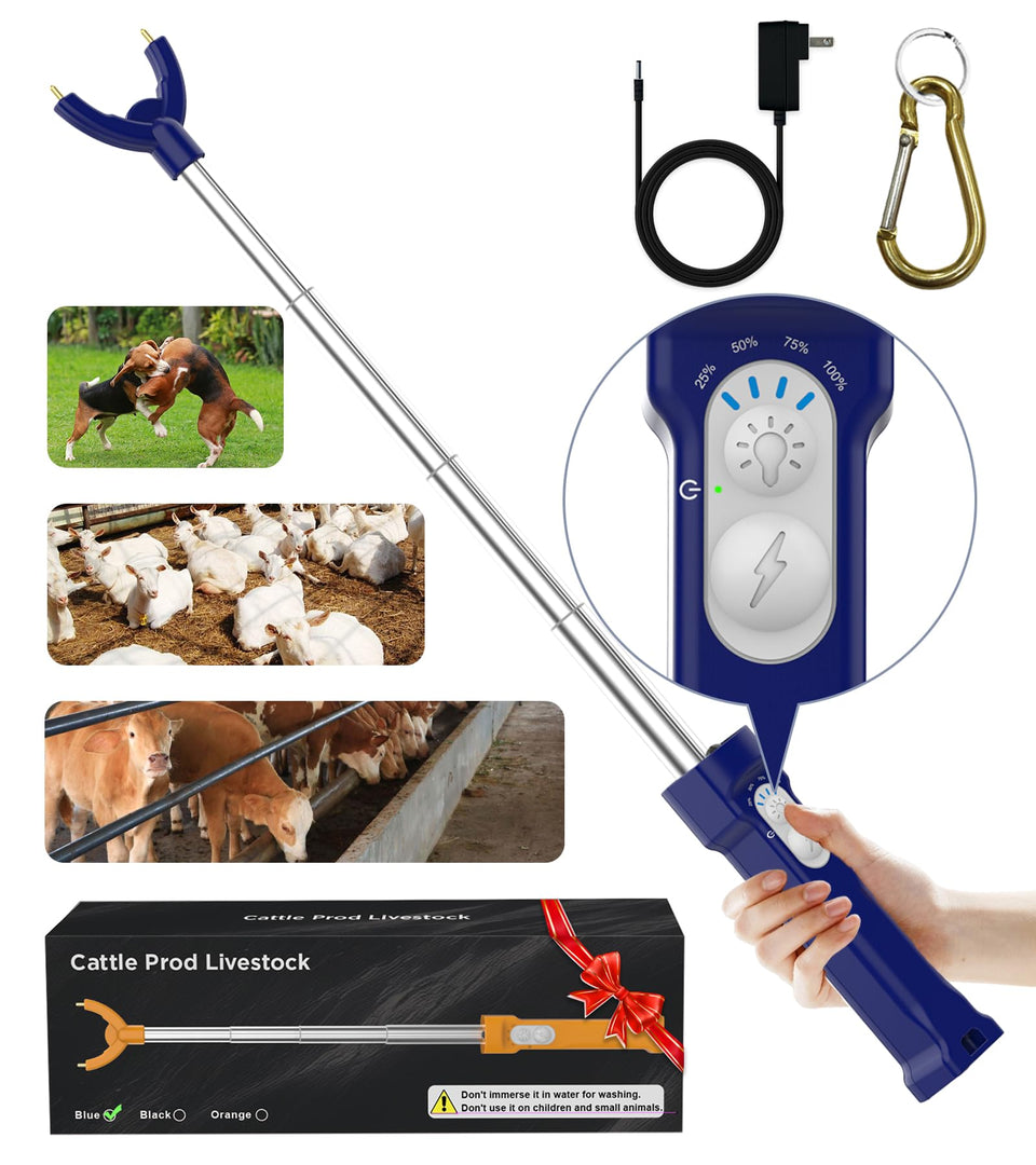 Aooccder cattle prod extended to 37 inches for easy livestock guiding.