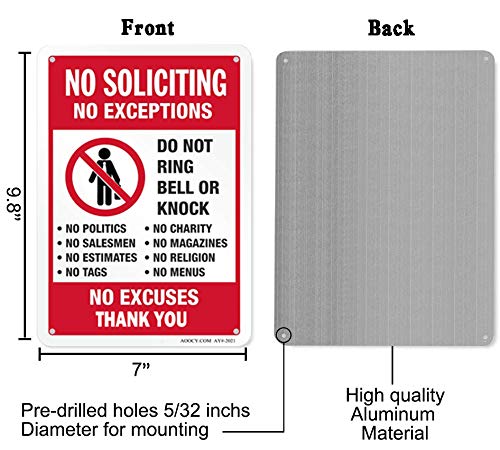 AOOCY No Soliciting Sign closeup demonstrates durable finish resisting sun and rain.