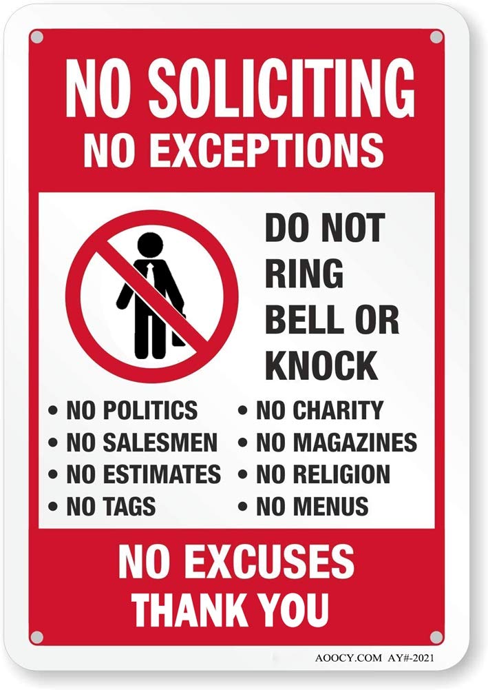 AOOCY No Soliciting Sign front view with bold, privacy-focused design.