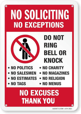 AOOCY No Soliciting Sign front view with bold, privacy-focused design.