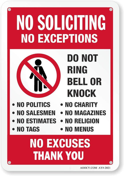 AOOCY No Soliciting Sign front view with bold, privacy-focused design.