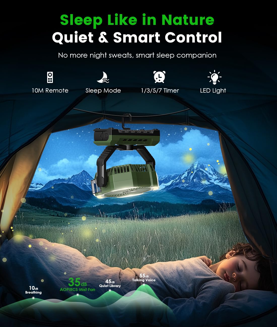 Aopircs Camping Misting Fan sleep mode mimics natural breeze
