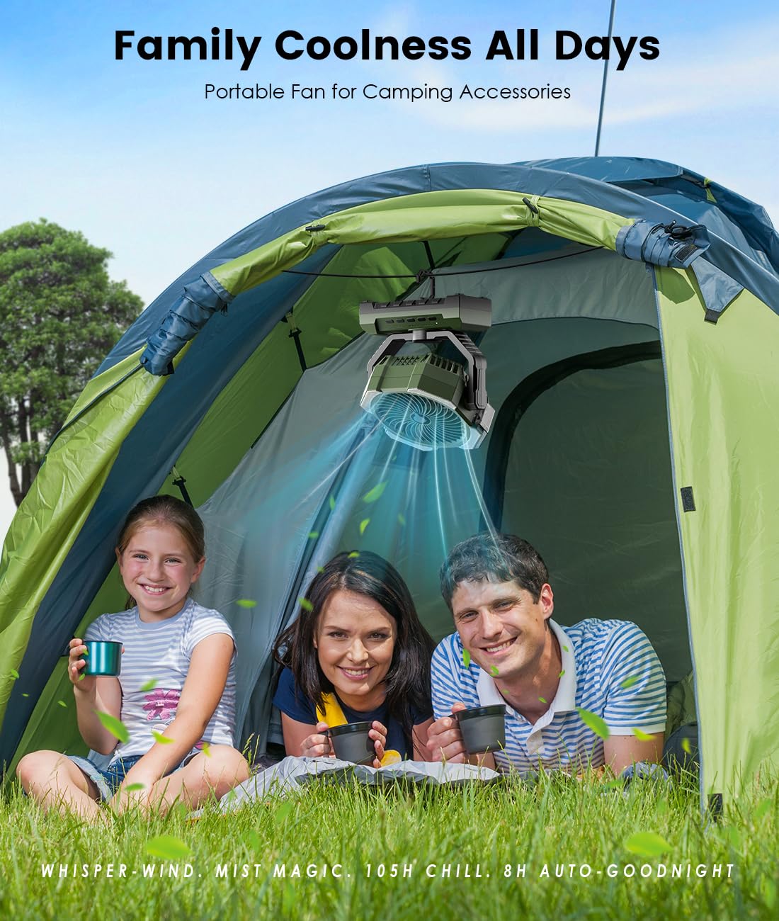 Aopircs Camping Misting Fan in-use tent setup on uneven ground