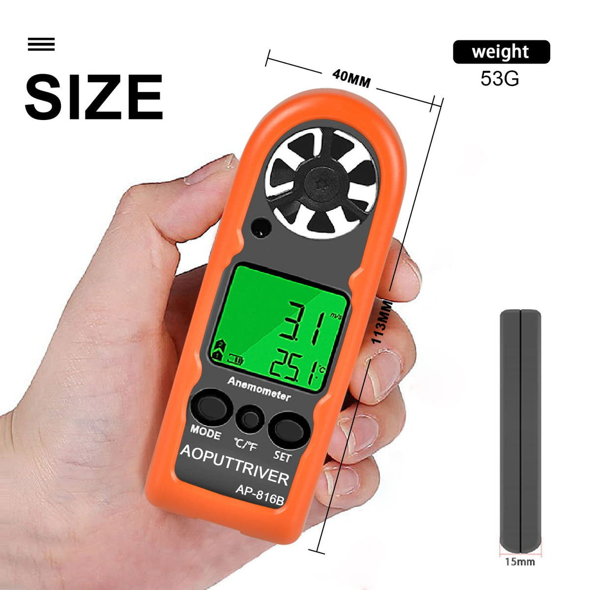 AOPUTTRIVER AP-816B multi‑unit readout supports m/s, mph, knots for versatility.