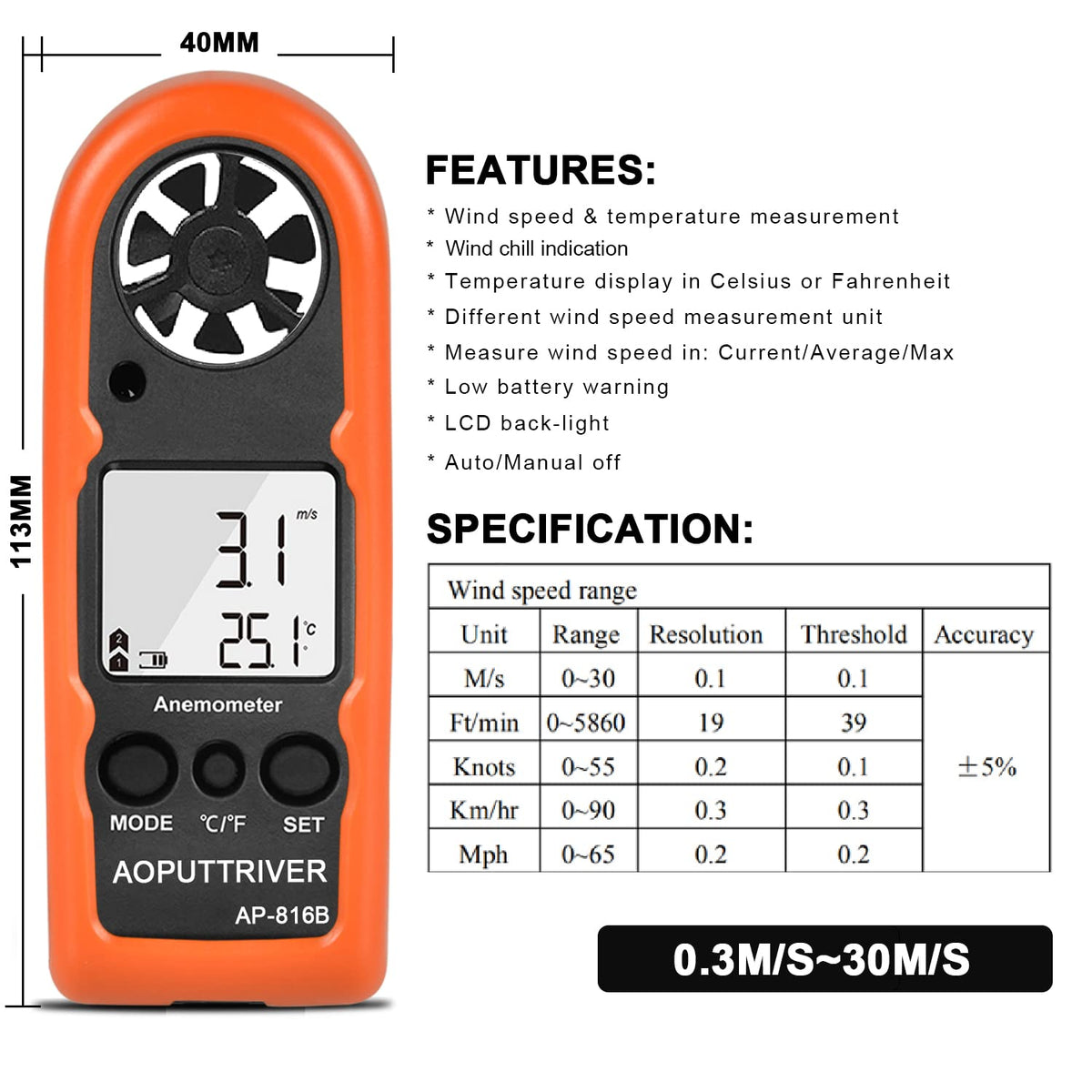 AOPUTTRIVER AP-816B temperature readout monitors ambient conditions accurately.