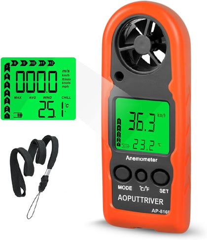 AOPUTTRIVER AP-816B wind speed meter reading wind speed for sailing and outdoor use.