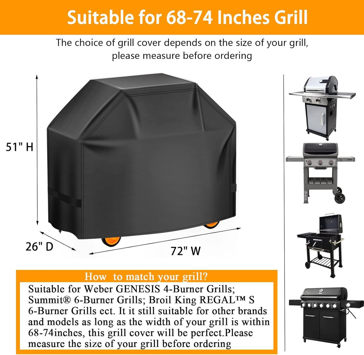 Aoretic 72-inch grill cover demonstrates a snug fit for grills 68–74 inches wide.
