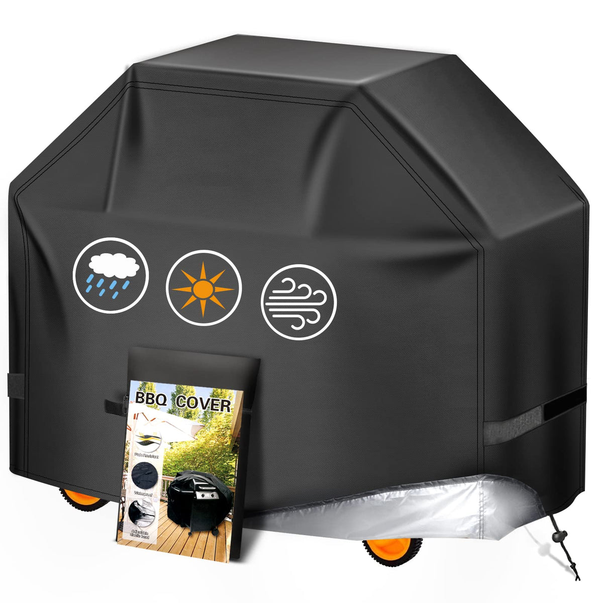 Aoretic 65-inch grill cover on a Weber grill protects from rain and sun.