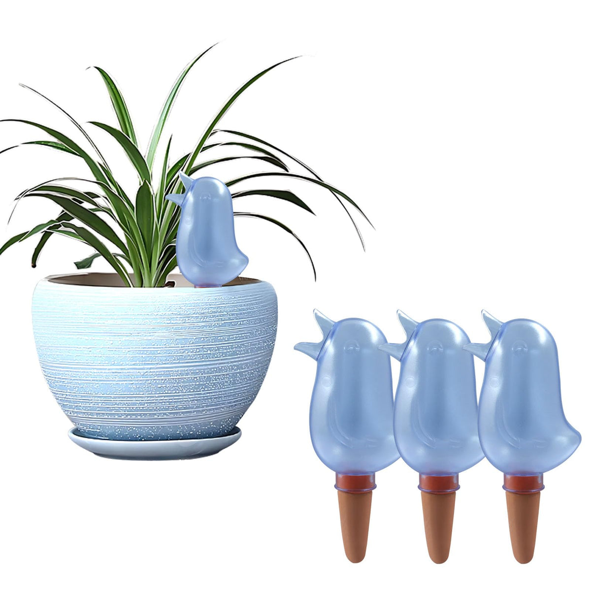 Aoserge bird-shaped spike inserted in soil delivering steady moisture to potted plants.