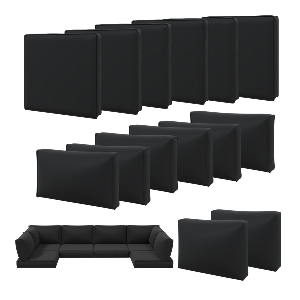Aoxun 14-piece cushion covers on a patio sofa, weatherproof and UV-resistant.