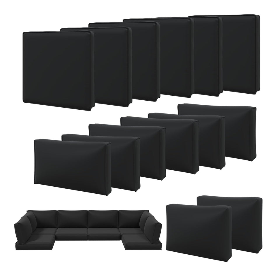 Aoxun 14-piece cushion covers on a patio sofa, weatherproof and UV-resistant.
