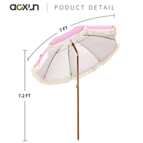 The Aoxun 7ft fringe umbrella pink carry bag ensures easy transport.