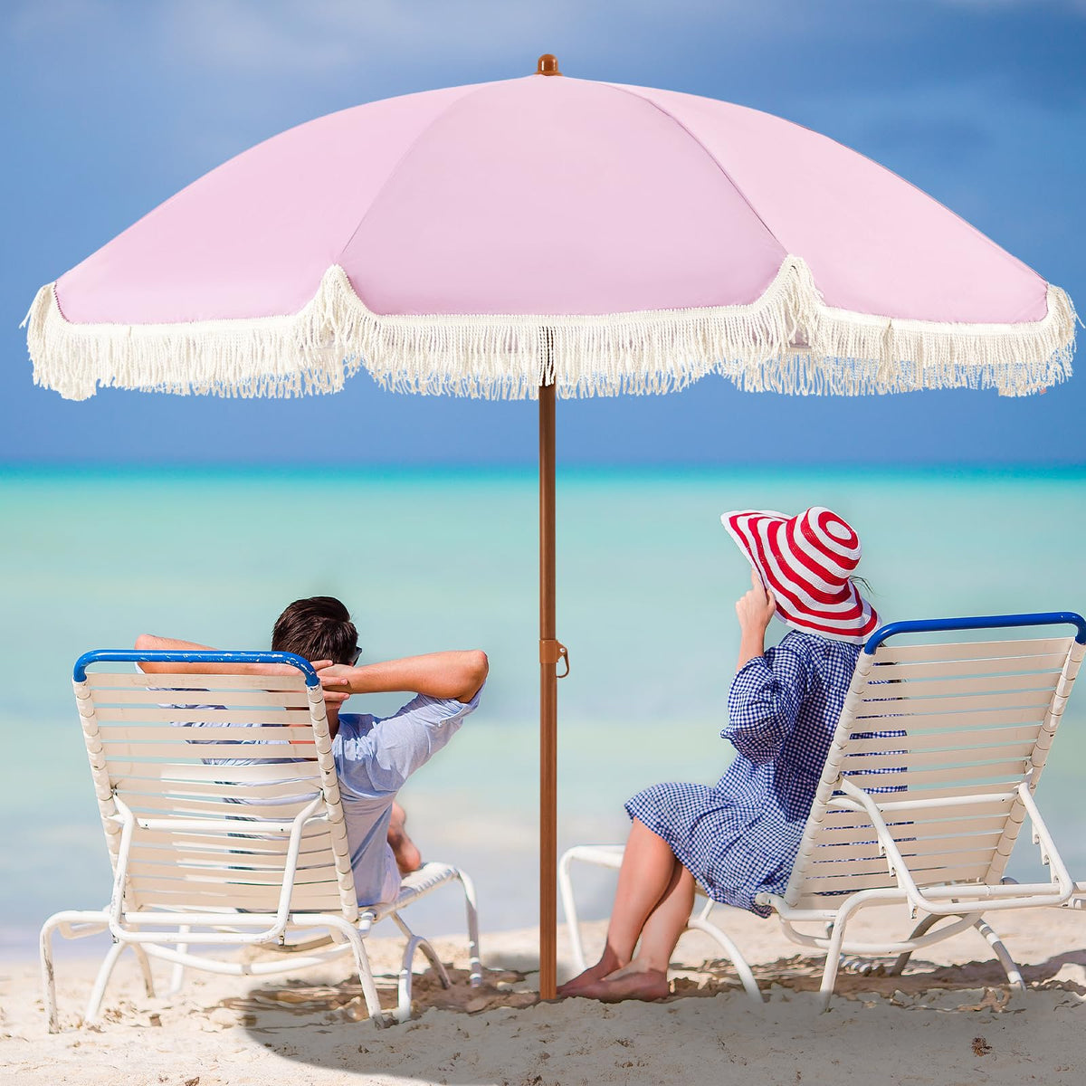 The Aoxun 7ft fringe umbrella pink side tilt enables adjustable sun coverage.