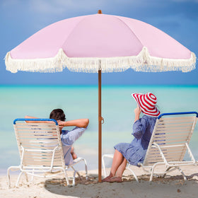 The Aoxun 7ft fringe umbrella pink side tilt enables adjustable sun coverage.