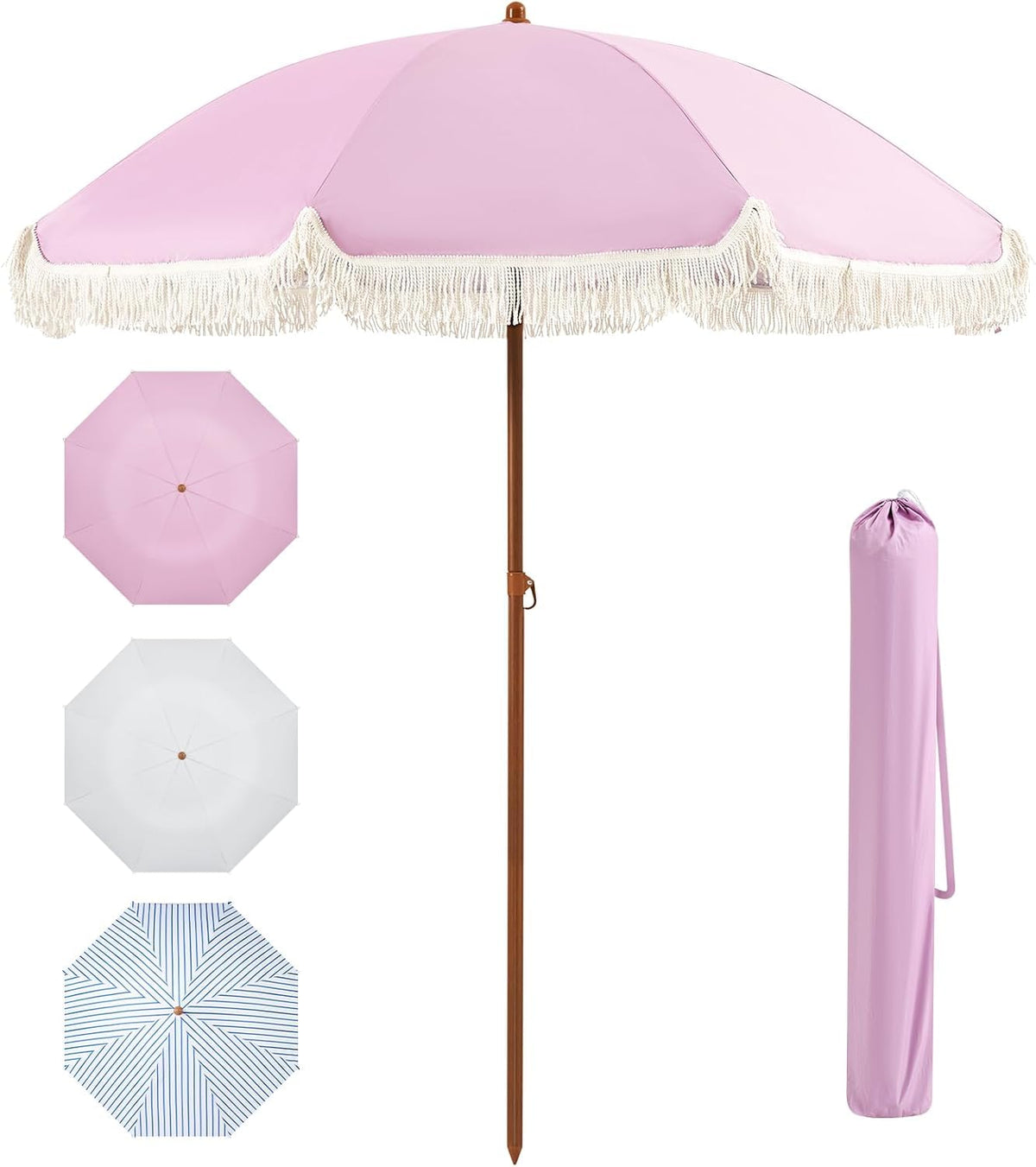 The Aoxun 7ft fringe umbrella pink top view provides stylish shade.