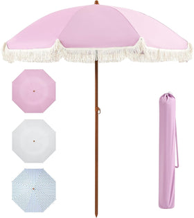 The Aoxun 7ft fringe umbrella pink top view provides stylish shade.
