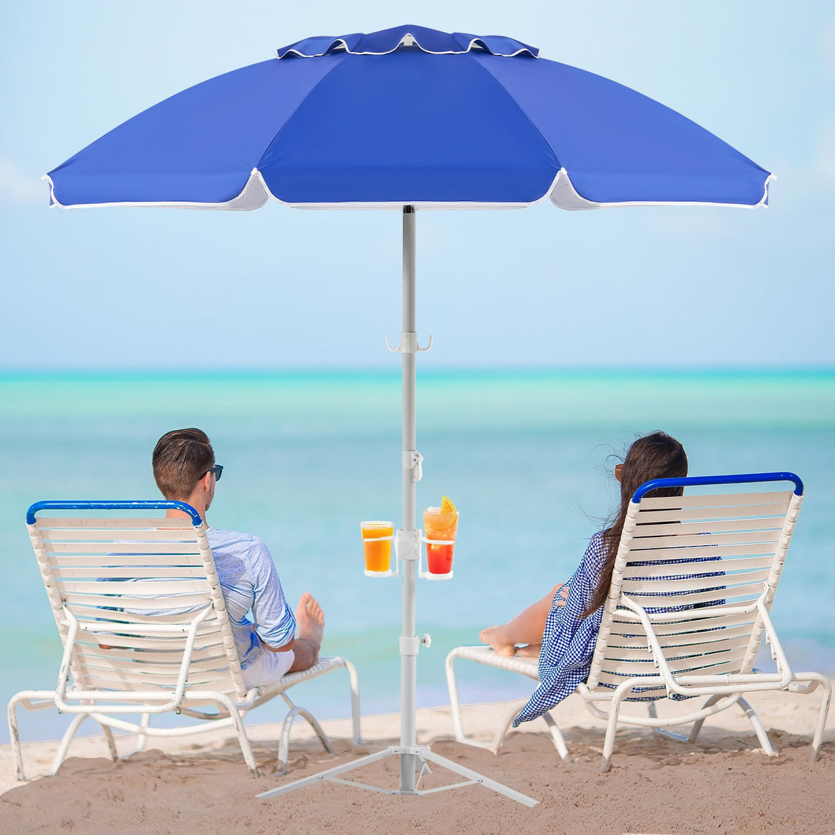 Aoxun portable umbrella with stand in blue providing adjustable shade outdoors