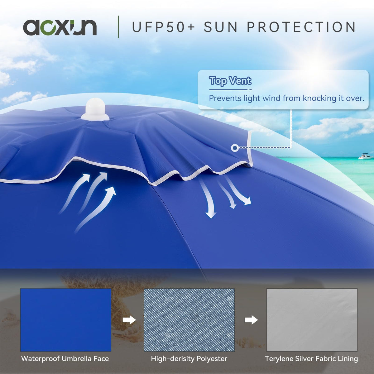 Aoxun sun shade umbrella top vent design for better airflow