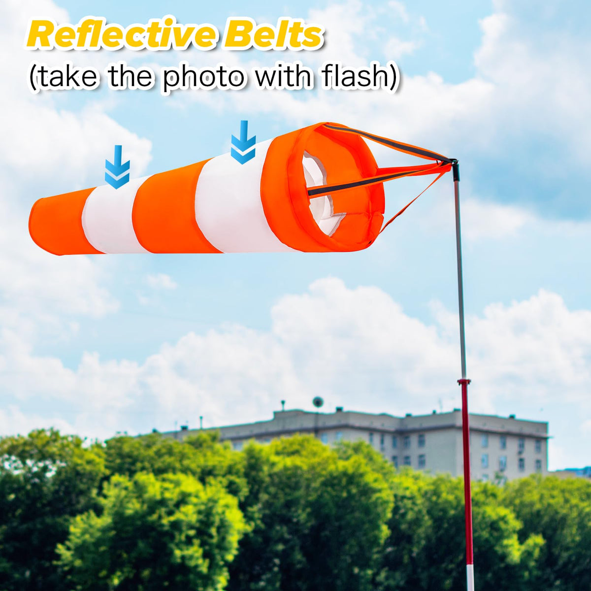 Apuasvcm wind sock with reflective belt enhances day and night visibility.