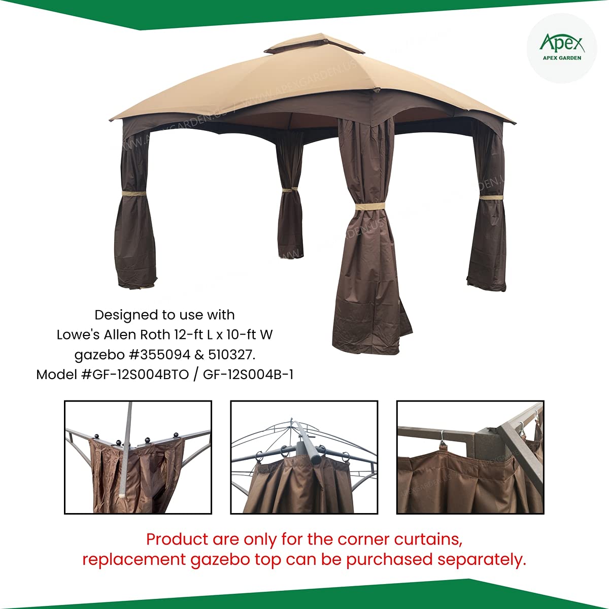 APEX GARDEN corner curtains on gazebo poles with rust protection for metal frames.