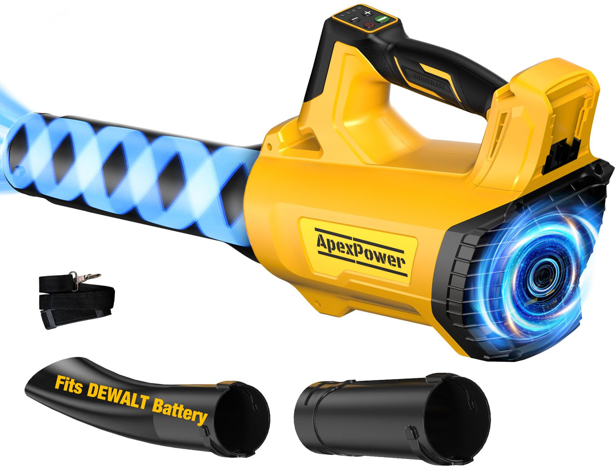 APEXPOWER cordless leaf blower shown with DEWALT 20V battery compatibility for seamless reuse.