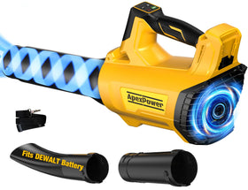 APEXPOWER cordless leaf blower shown with DEWALT 20V battery compatibility for seamless reuse.