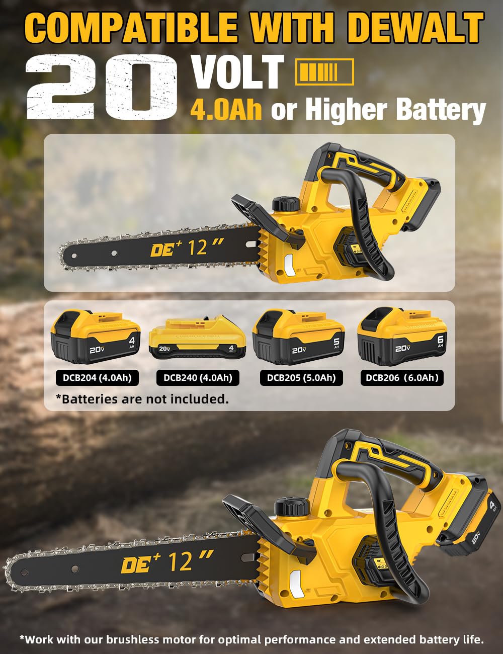 APEXPOWER chainsaw compatible with DeWalt 20V batteries for flexible power options