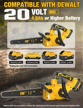 APEXPOWER chainsaw compatible with DeWalt 20V batteries for flexible power options