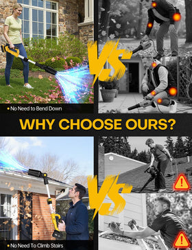 APEXPOWER cordless blower with 36-inch extendable pole reaching high areas