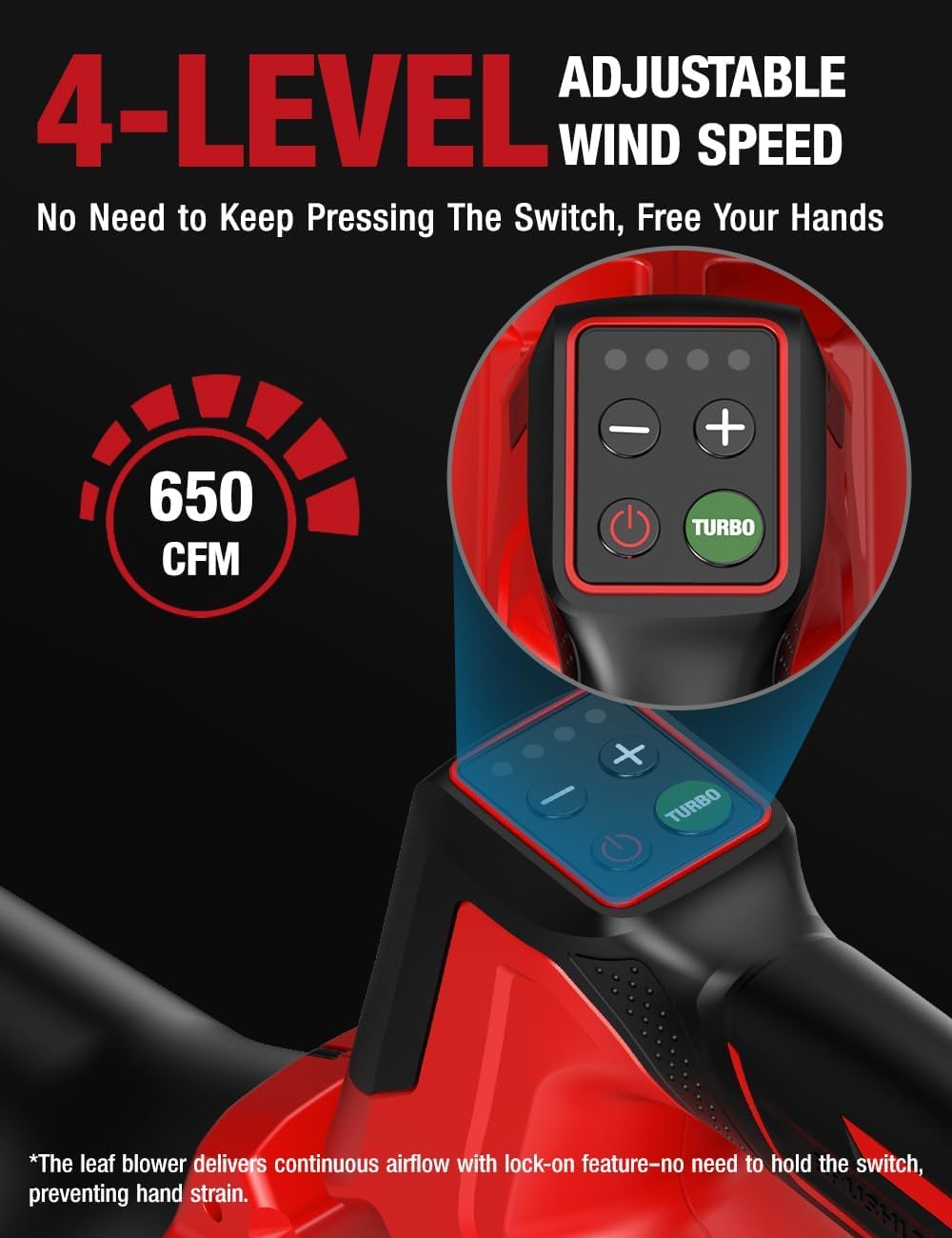 APEXPOWER lock-on switch allows continuous airflow without constant pressing.