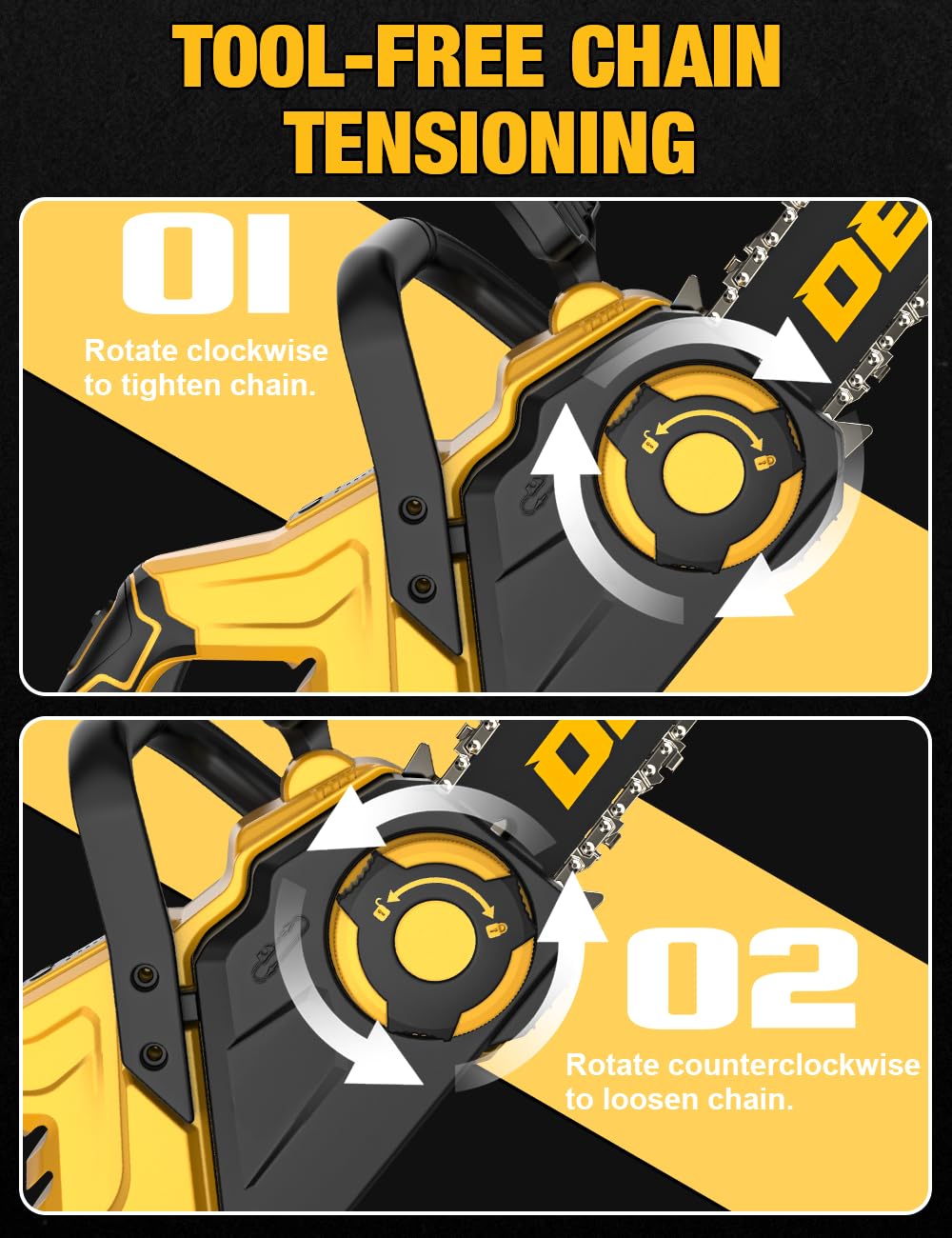 APEXPPOWER tool-free chain tensioning for quick adjustments