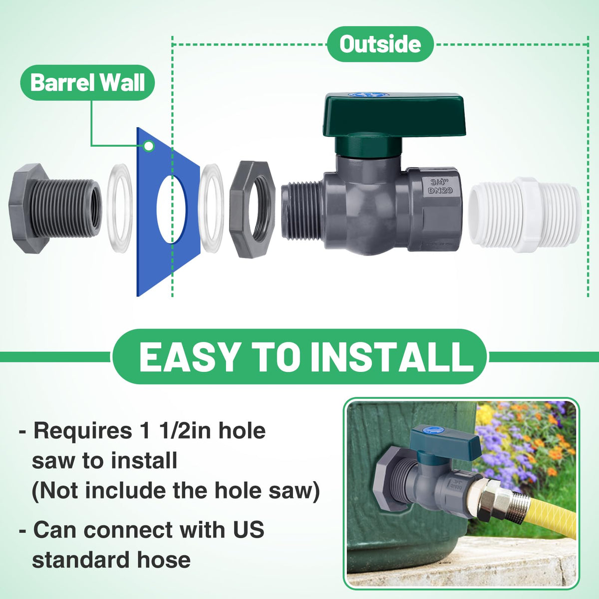 Apipi rain barrel diverter kit assembly for open or closed top barrels.