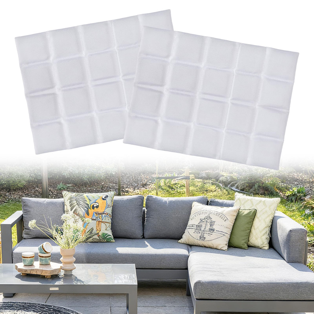Apipi wind-resistant pillow insert hidden inside a cushion for stable outdoor seating.
