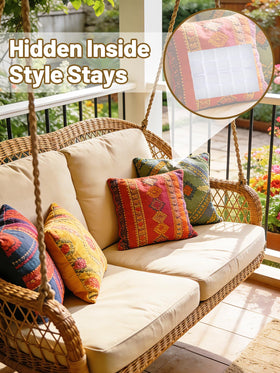 Outdoor patio scene with wind-stable cushions staying neat and in place.