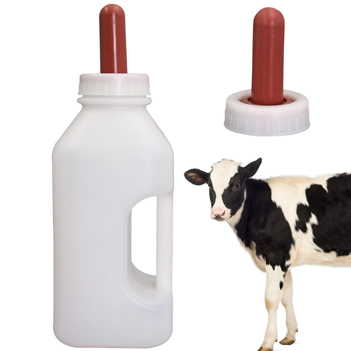 APlayfulBee calf bottle with nipple, 2-quart capacity for steady feeding.