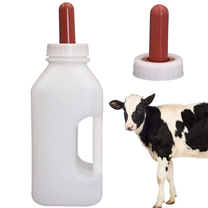 APlayfulBee calf bottle with nipple, 2-quart capacity for steady feeding.