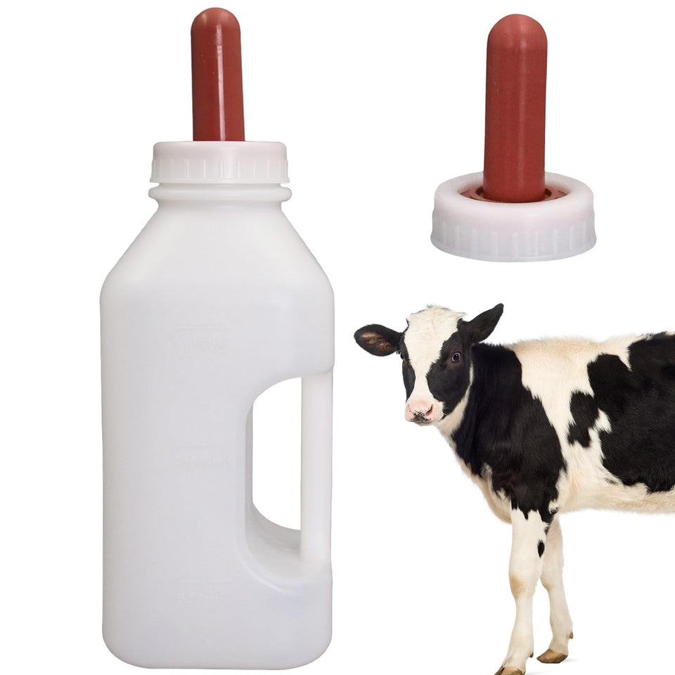 APlayfulBee calf bottle with nipple, 2-quart capacity for steady feeding.