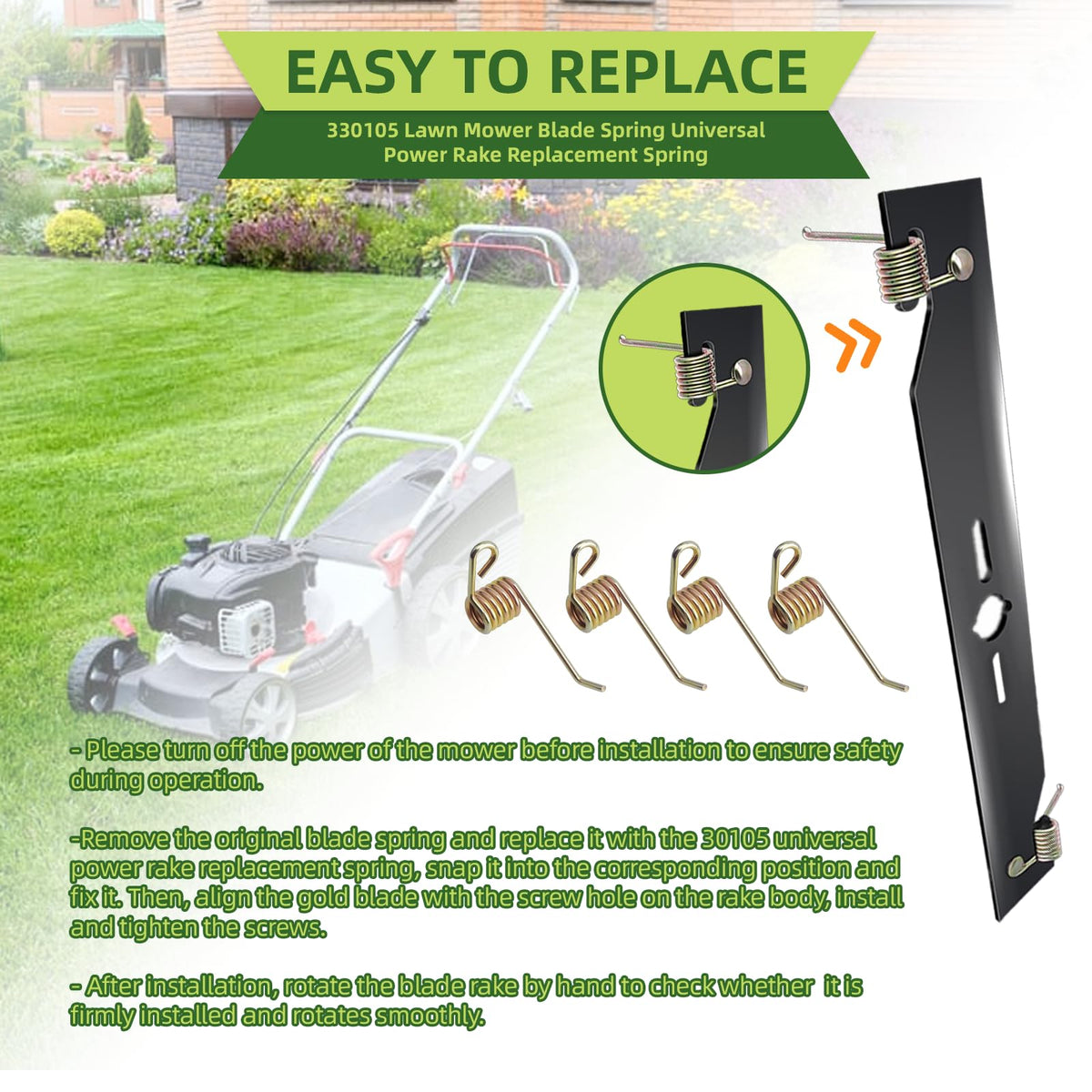 Apobelor MaxPower 330100 spring ensures balanced rake tension for even thatch removal.