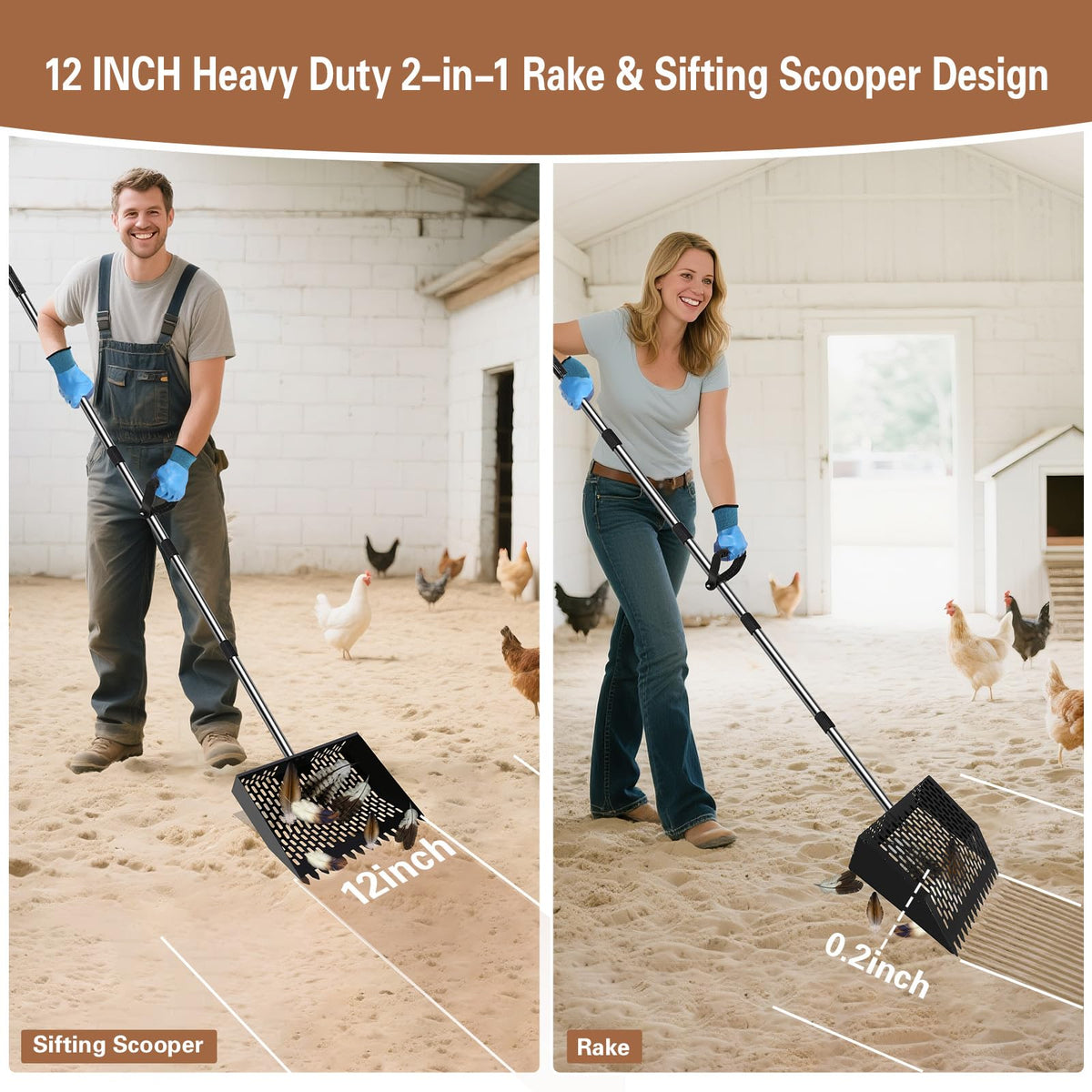 APODESS 2-in-1 scooper rake shown in action in a poultry coop.