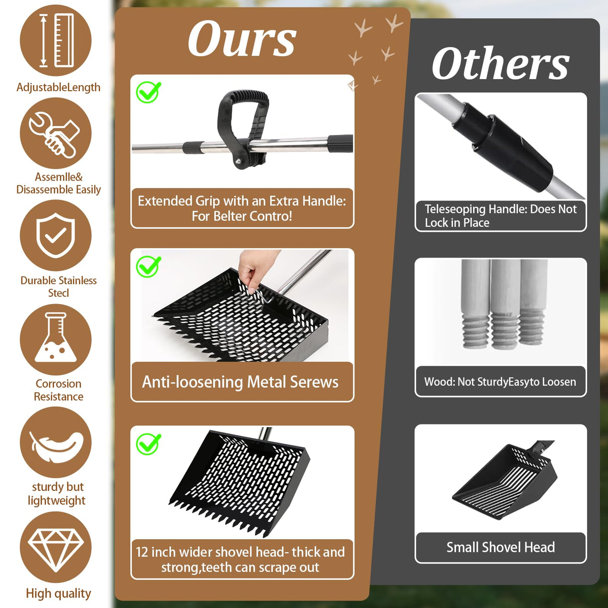 APODESS stainless steel handle provides durability and reduced fatigue during chores.