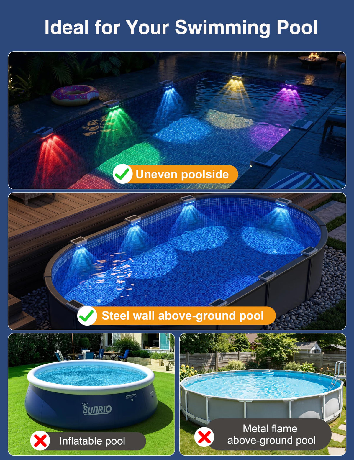 APONUO solar pool lights showing RGB color modes for mood lighting.