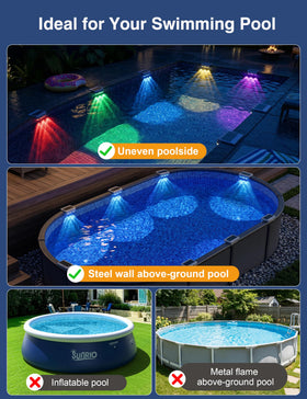 APONUO solar pool lights showing RGB color modes for mood lighting.