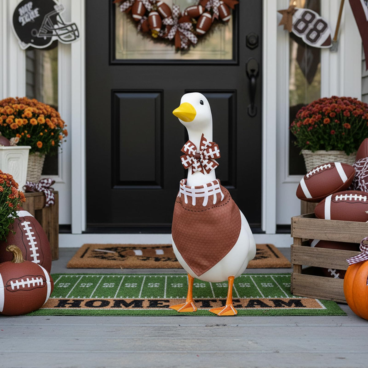 Aposwow geese statue dressed in seasonal costume for garden display.