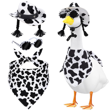 Aposwow cow-print hat for geese enhances garden decor with playful charm.