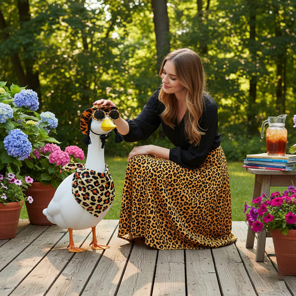 Aposwow leopard print goose garden display boosts year-round curb appeal.