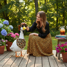 Aposwow leopard print goose garden display boosts year-round curb appeal.